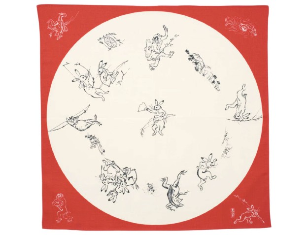 Furoshiki 68 cm - Choju jinbutsu giga - Rond raam met konijnen en kikkers